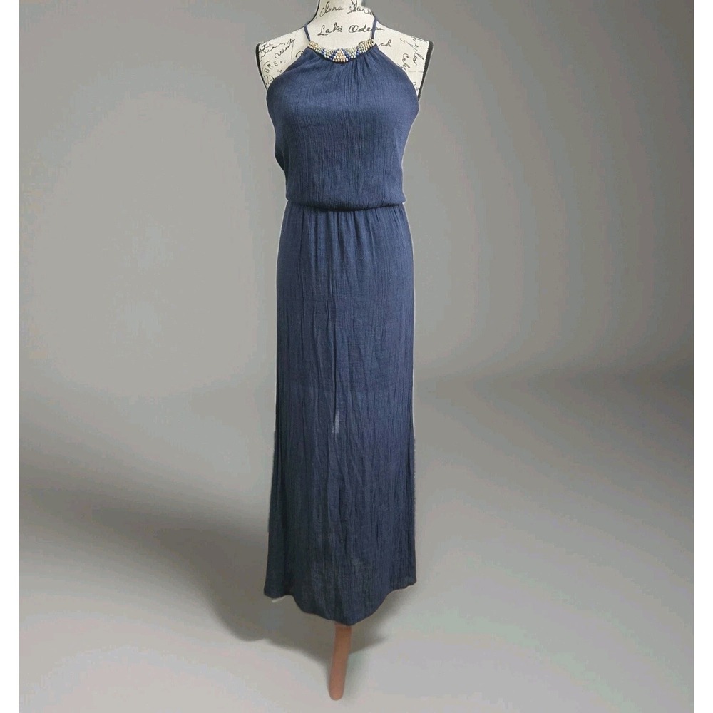 Women's Navy Blue Sleeveles Long Maxi Dress Sz S Lightweight Woven Coastal Beach